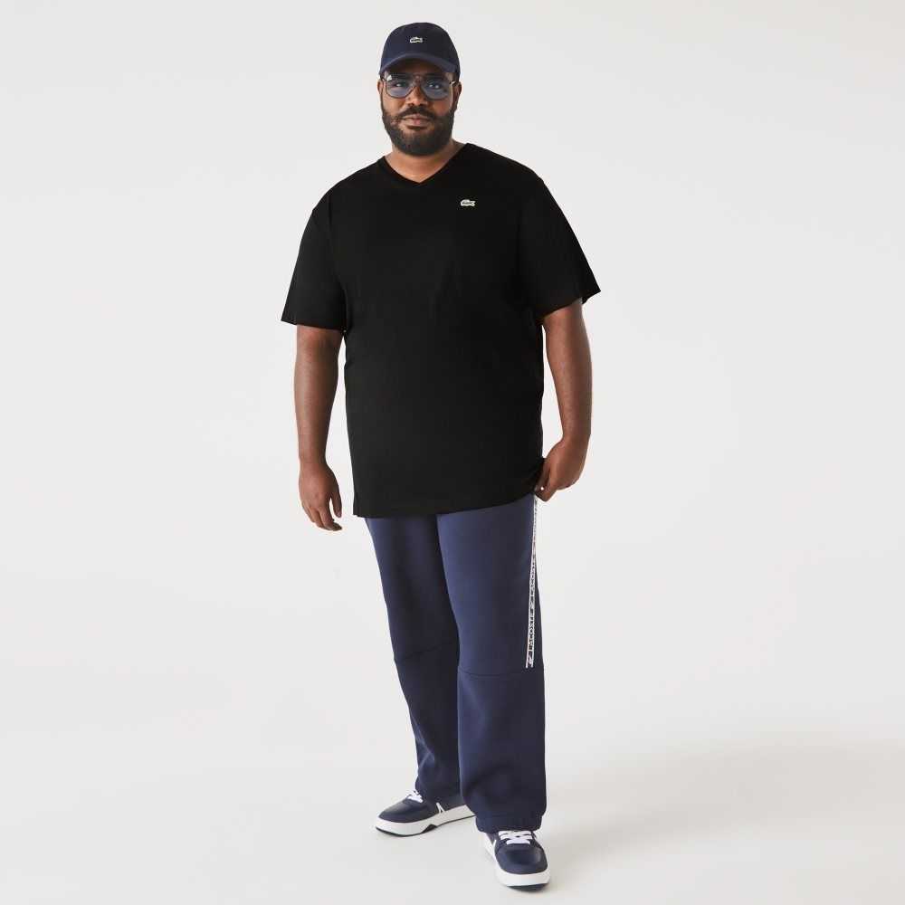 Black Lacoste Tall Fit Ribbed V-Neck Cotton Polo Shirt | LUZEAH-751