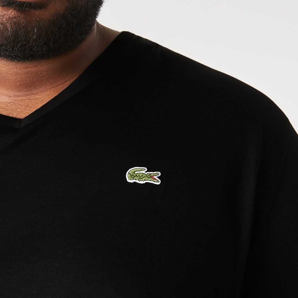 Black Lacoste Tall Fit Ribbed V-Neck Cotton Polo Shirt | LUZEAH-751