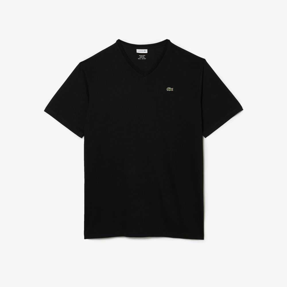 Black Lacoste Tall Fit Ribbed V-Neck Cotton Polo Shirt | LUZEAH-751