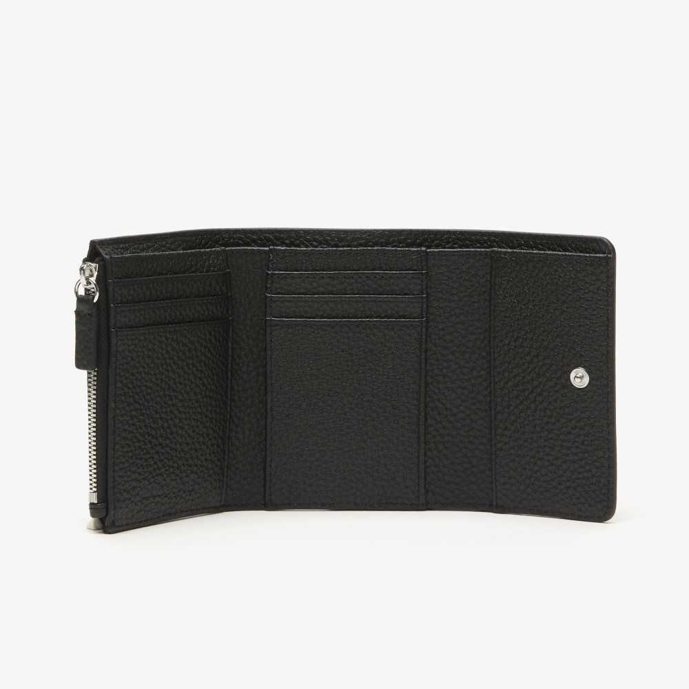 Black Lacoste Top Grain Leather Flap Close Wallet | AGMQTJ-634