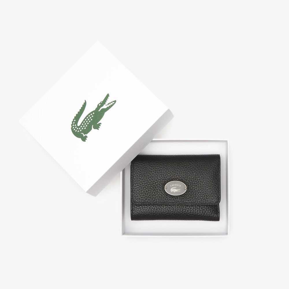 Black Lacoste Top Grain Leather Flap Close Wallet | AGMQTJ-634