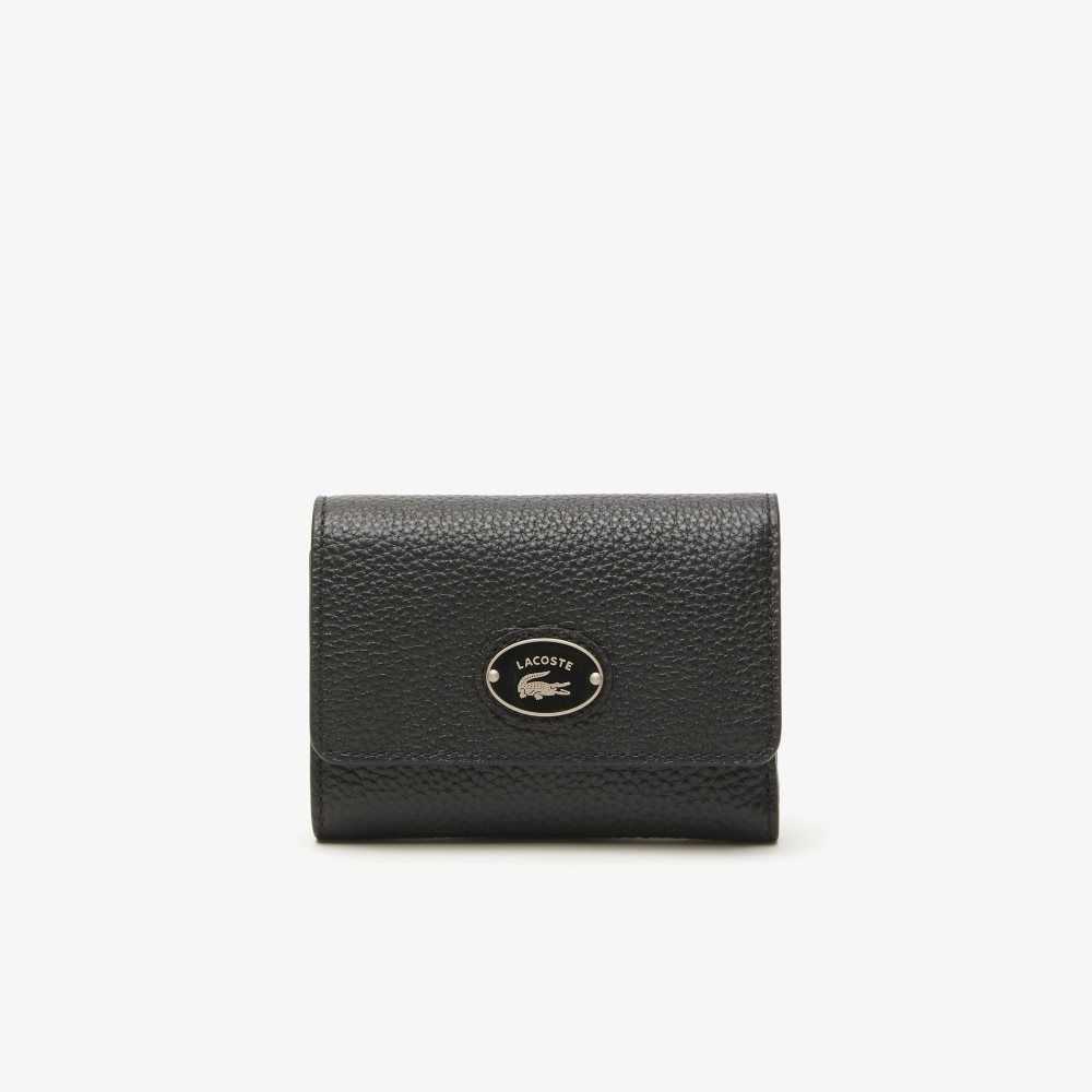 Black Lacoste Top Grain Leather Flap Close Wallet | AGMQTJ-634