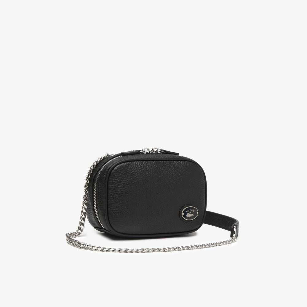 Black Lacoste Top Grain Leather Square Shoulder Bag | SPGCIV-314