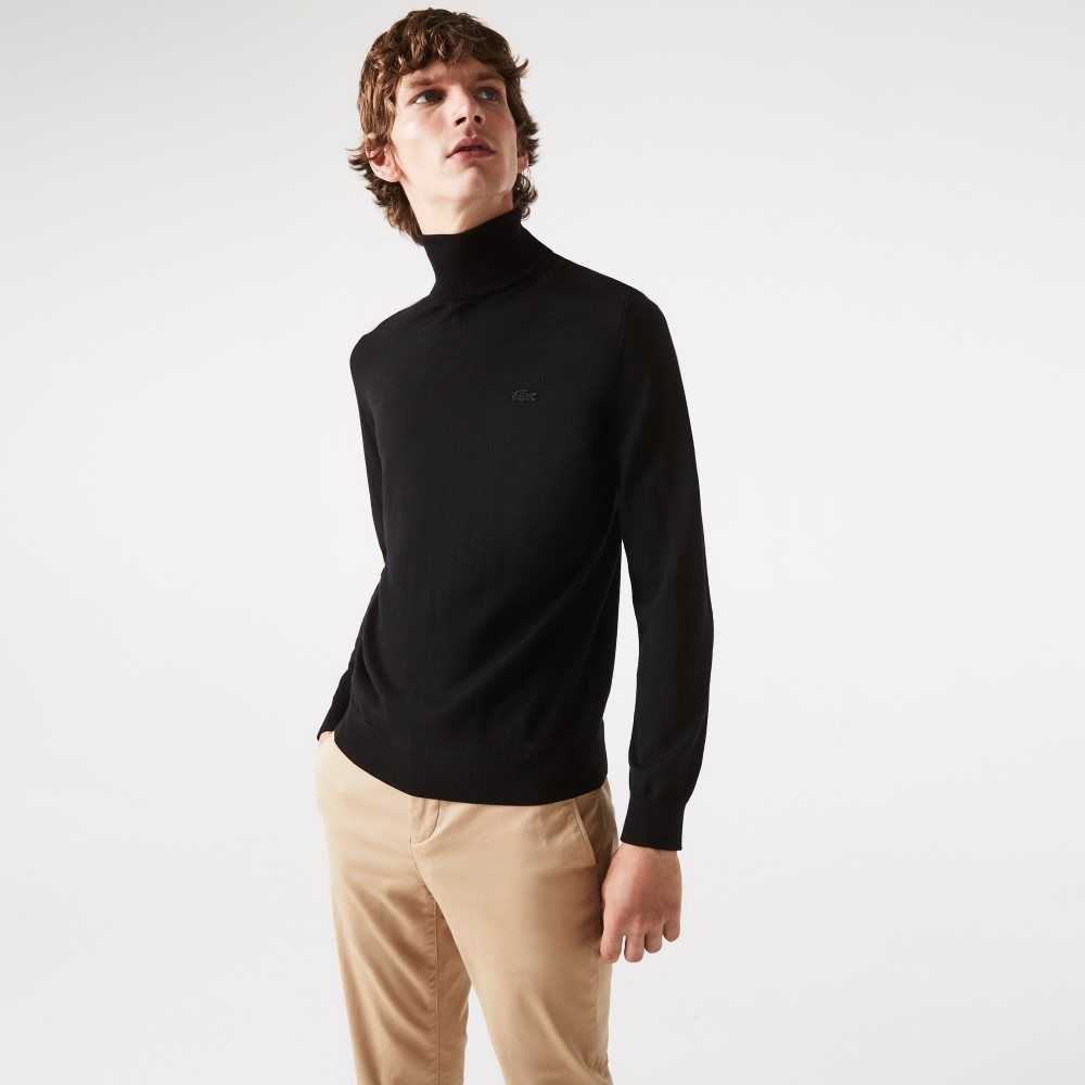 Black Lacoste Turtleneck Merino Wool Sweater | CKNILU-192