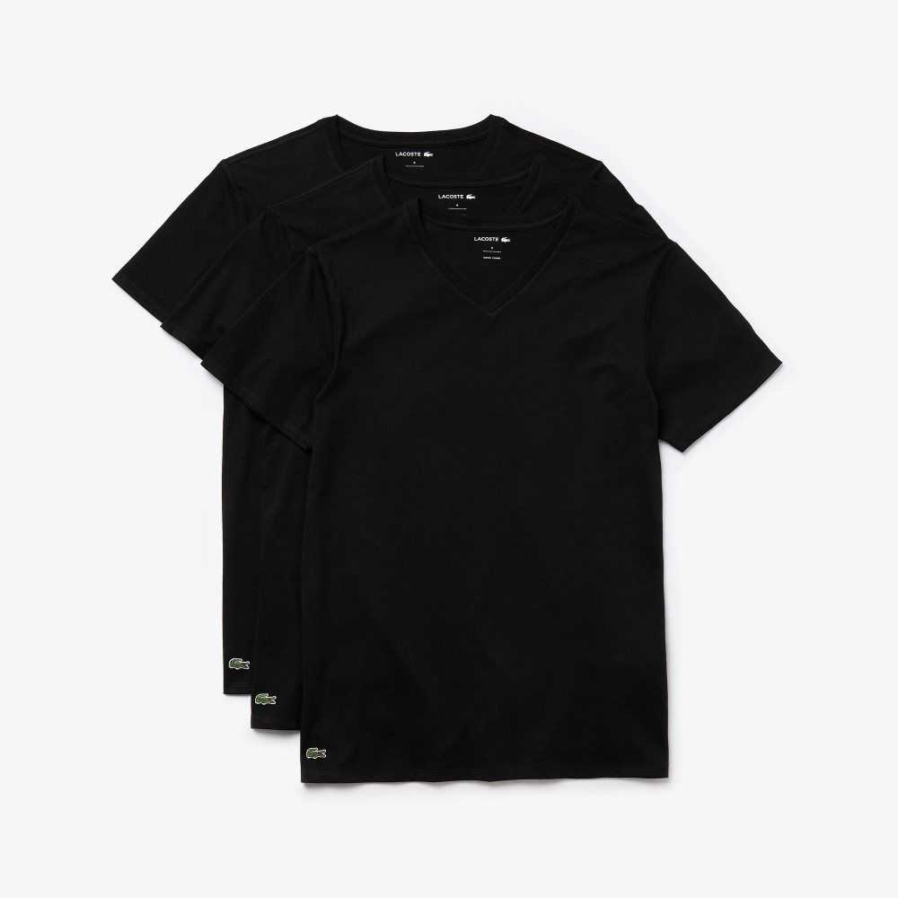 Black Lacoste V-Neck Cotton Lounge T-Shirt 3-Pack | HNEADB-502