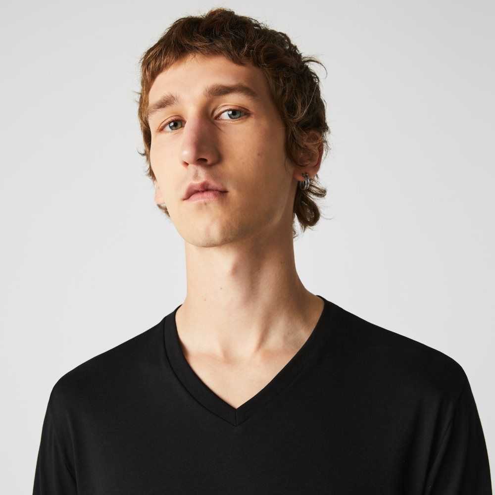 Black Lacoste V-Neck Lightweight Pima Cotton Jersey T-Shirt | AEMYON-265