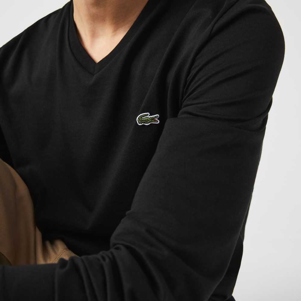 Black Lacoste V-Neck Lightweight Pima Cotton Jersey T-Shirt | AEMYON-265