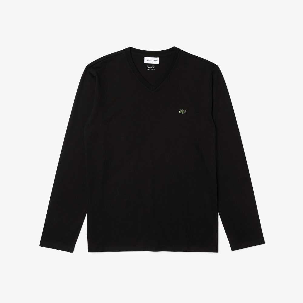 Black Lacoste V-Neck Lightweight Pima Cotton Jersey T-Shirt | AEMYON-265