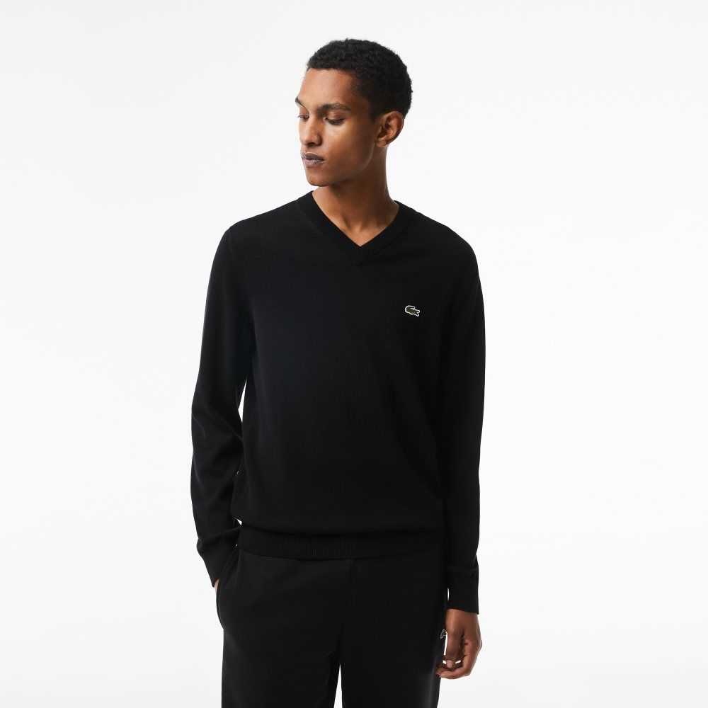 Black Lacoste V-Neck Organic Cotton Sweater | PNDBOX-817