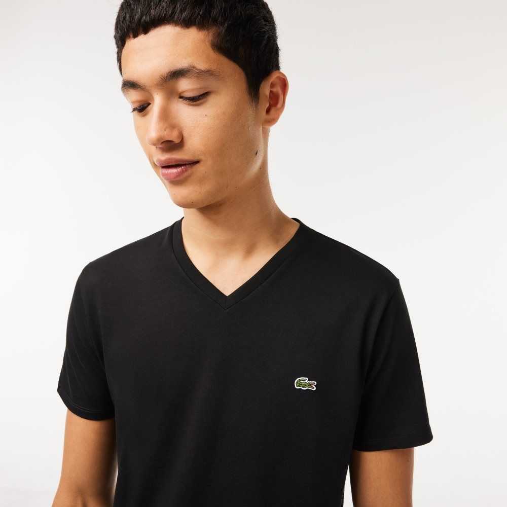 Black Lacoste V-Neck Pima Cotton Jersey T-Shirt | NAJVSK-498