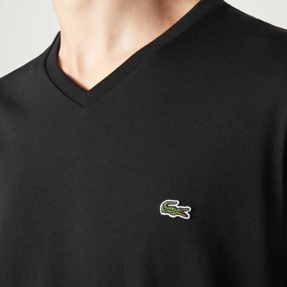 Black Lacoste V-Neck Pima Cotton Jersey T-Shirt | NAJVSK-498