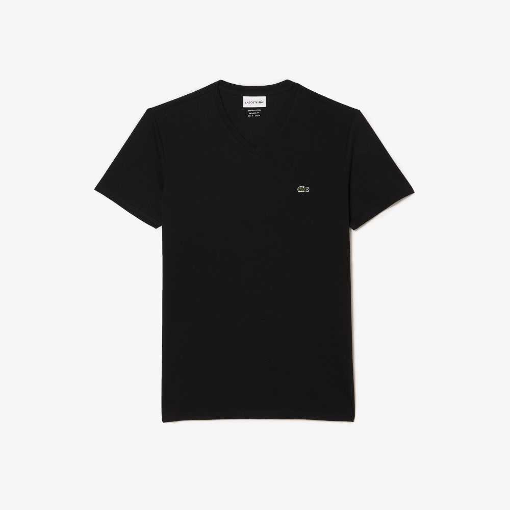 Black Lacoste V-Neck Pima Cotton Jersey T-Shirt | NAJVSK-498