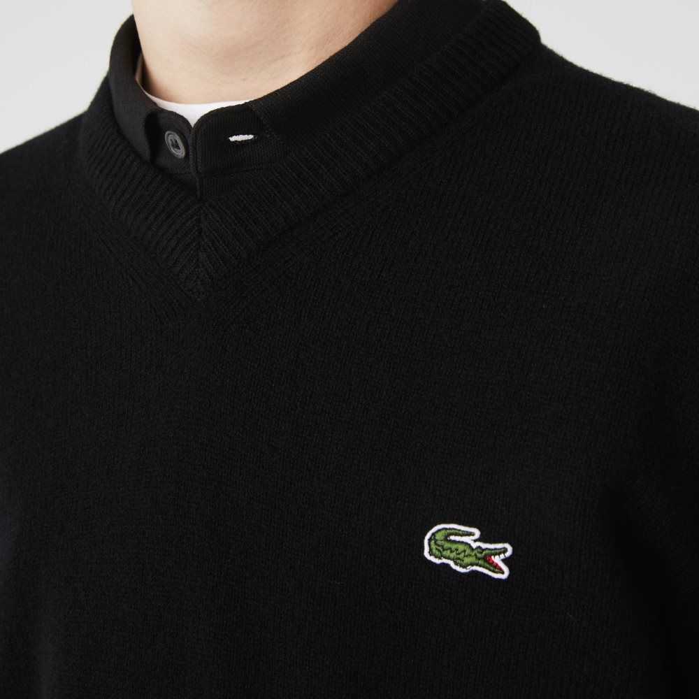 Black Lacoste V-Neck Wool Sweater | KXTONU-564