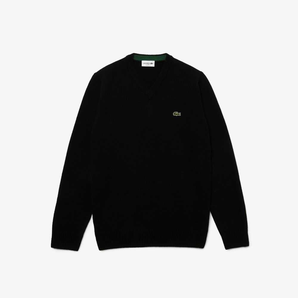 Black Lacoste V-Neck Wool Sweater | KXTONU-564