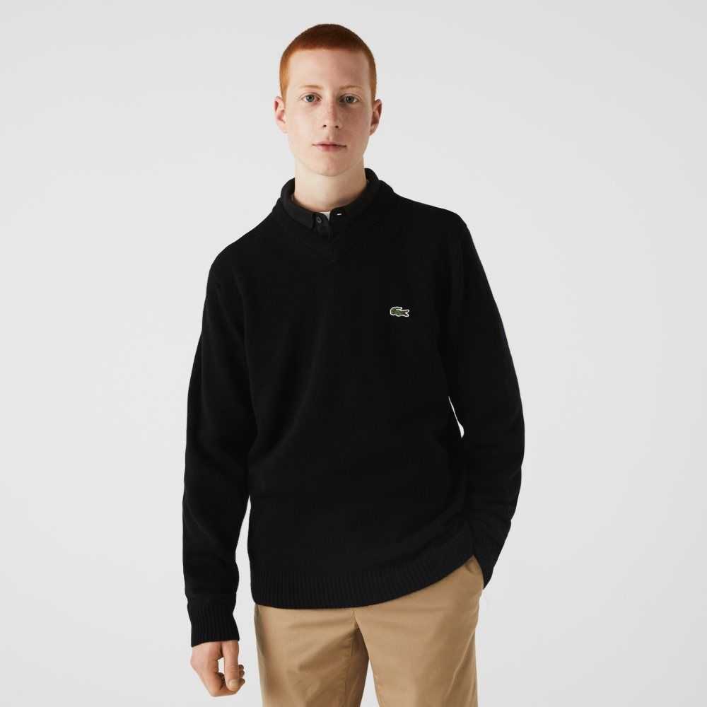 Black Lacoste V-Neck Wool Sweater | KXTONU-564