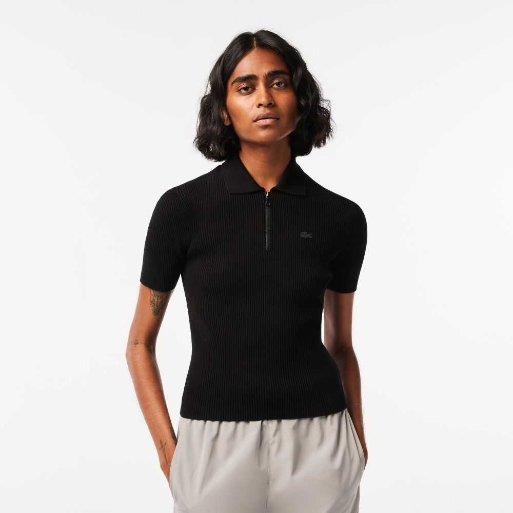 Black Lacoste Zipped Knit Polo | LGUECV-148