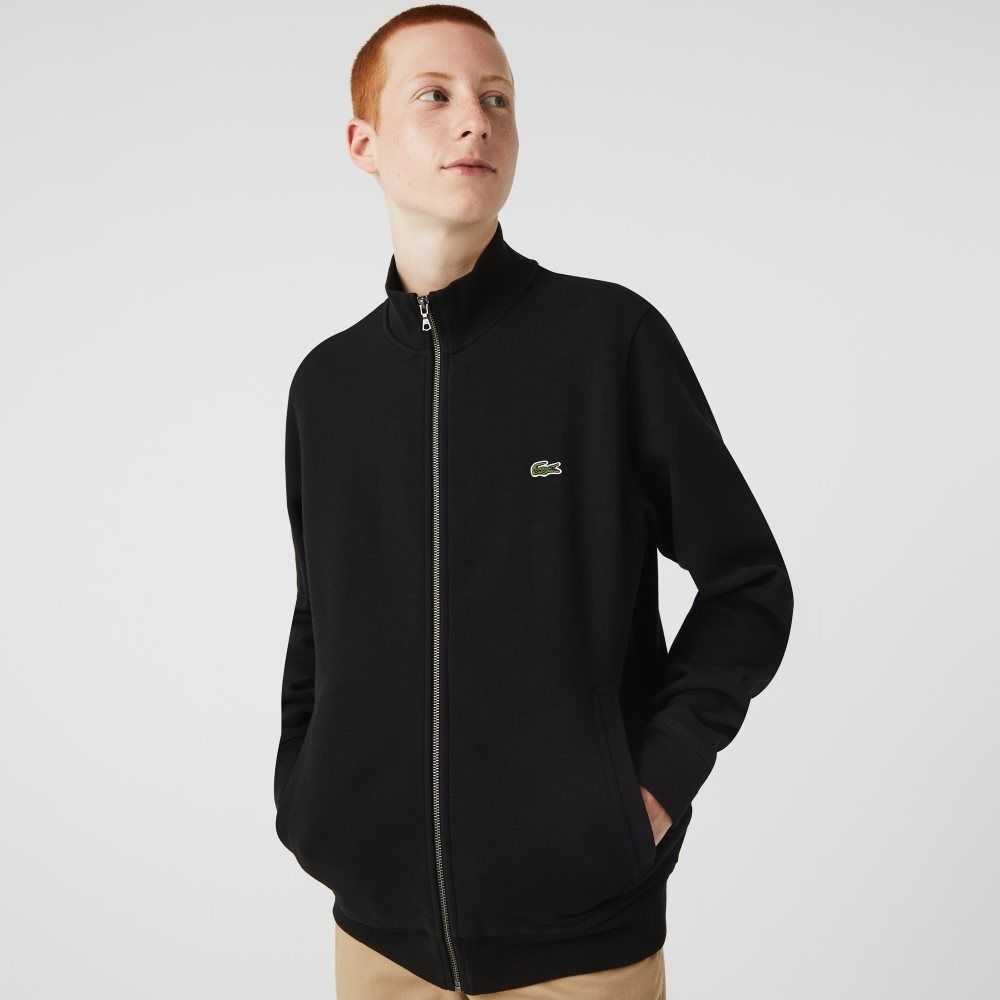 Black Lacoste Zippered Stand-Up Collar Pique Fleece Jacket | WRZYJC-198