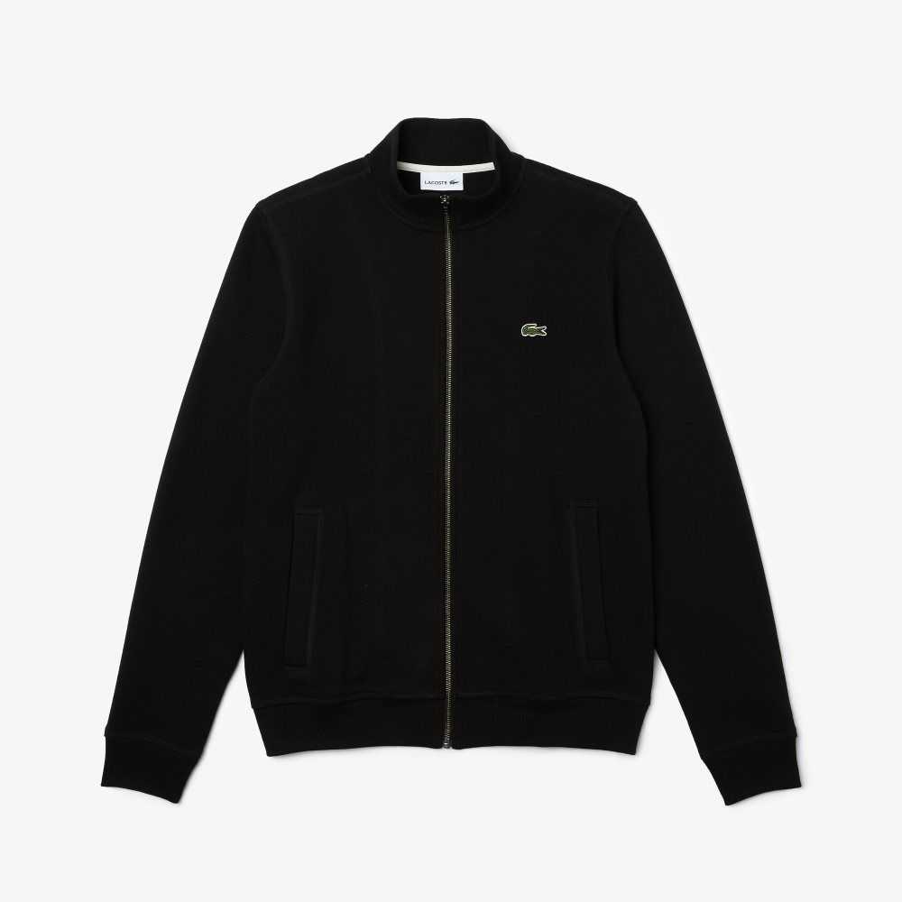 Black Lacoste Zippered Stand-Up Collar Pique Fleece Jacket | WRZYJC-198