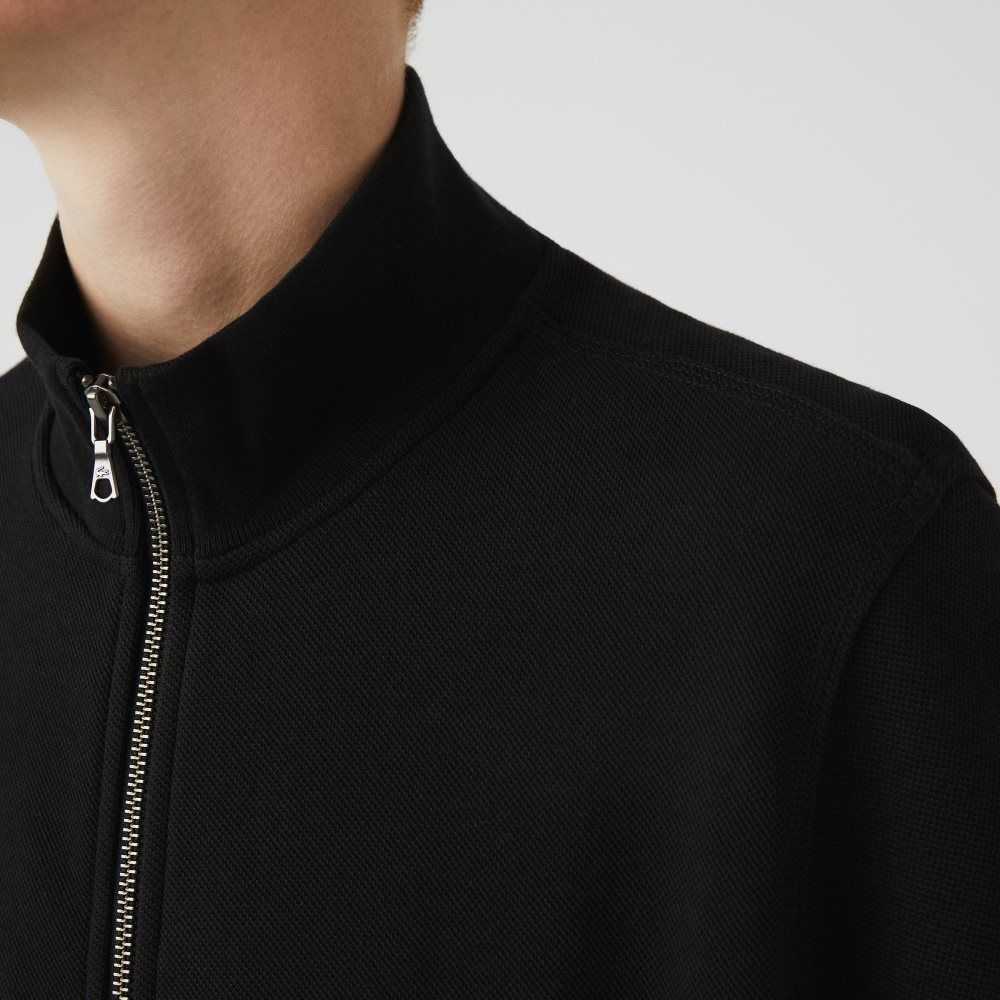 Black Lacoste Zippered Stand-Up Collar Pique Fleece Jacket | WRZYJC-198