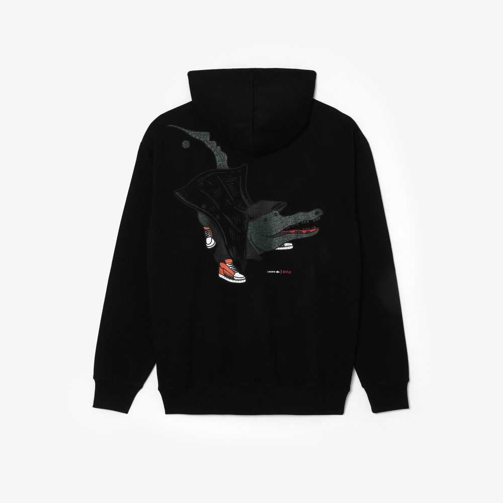 Black Lacoste x Netflix Loose Fit Hoodie | LKRNXZ-382