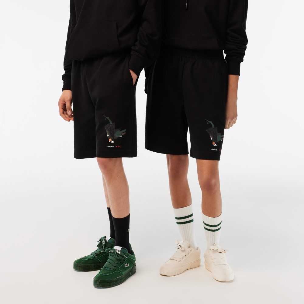 Black Lacoste x Netflix Organic Cotton Fleece Shorts | KTUEND-489