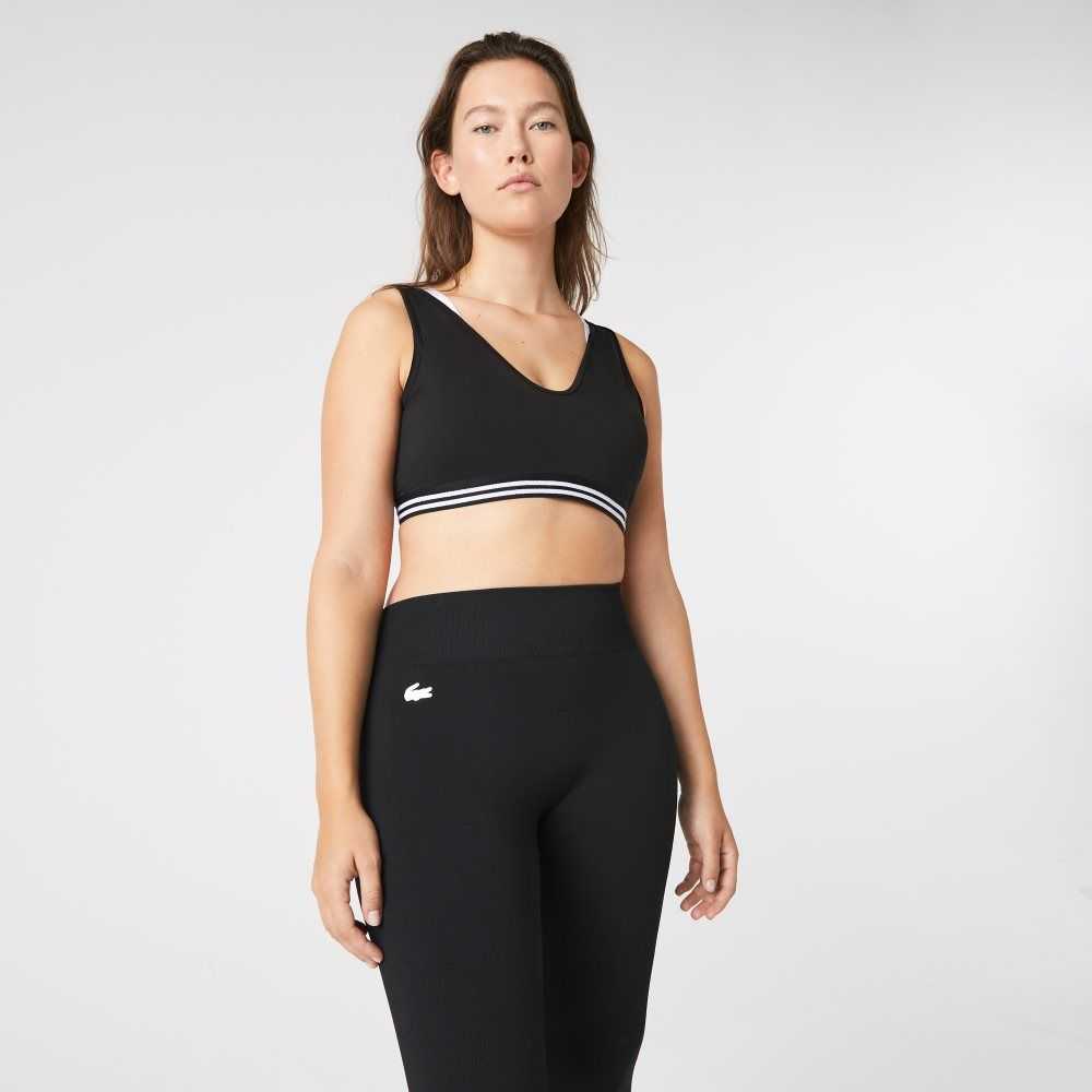 Black / White / Black Lacoste SPORT Contrast Accents Sports Bra | ZKBVSM-735