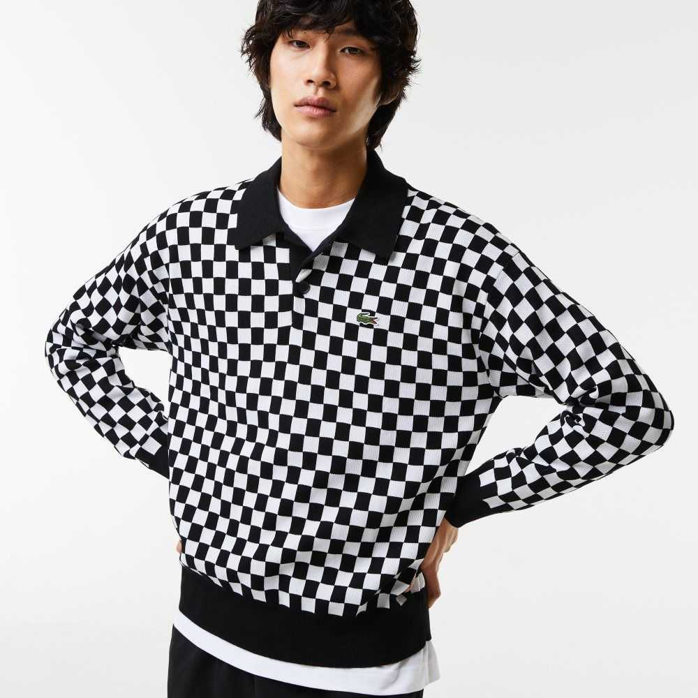 Black / White Lacoste Heritage Relaxed Fit Checkerboard Sweater | OVKFZI-532