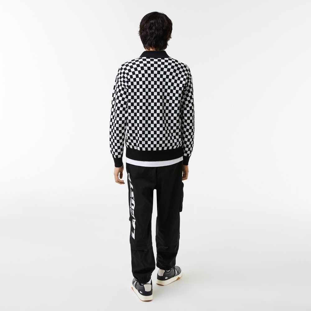 Black / White Lacoste Heritage Relaxed Fit Checkerboard Sweater | OVKFZI-532