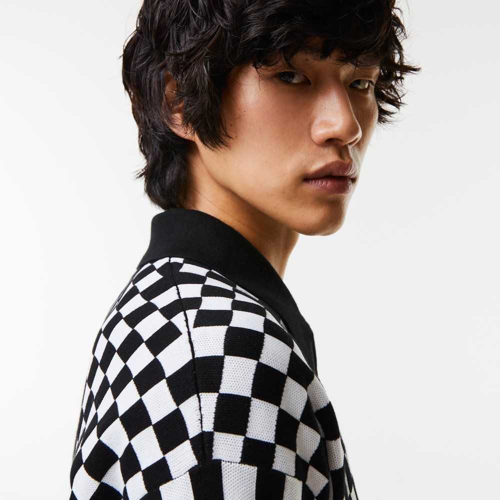 Black / White Lacoste Heritage Relaxed Fit Checkerboard Sweater | OVKFZI-532