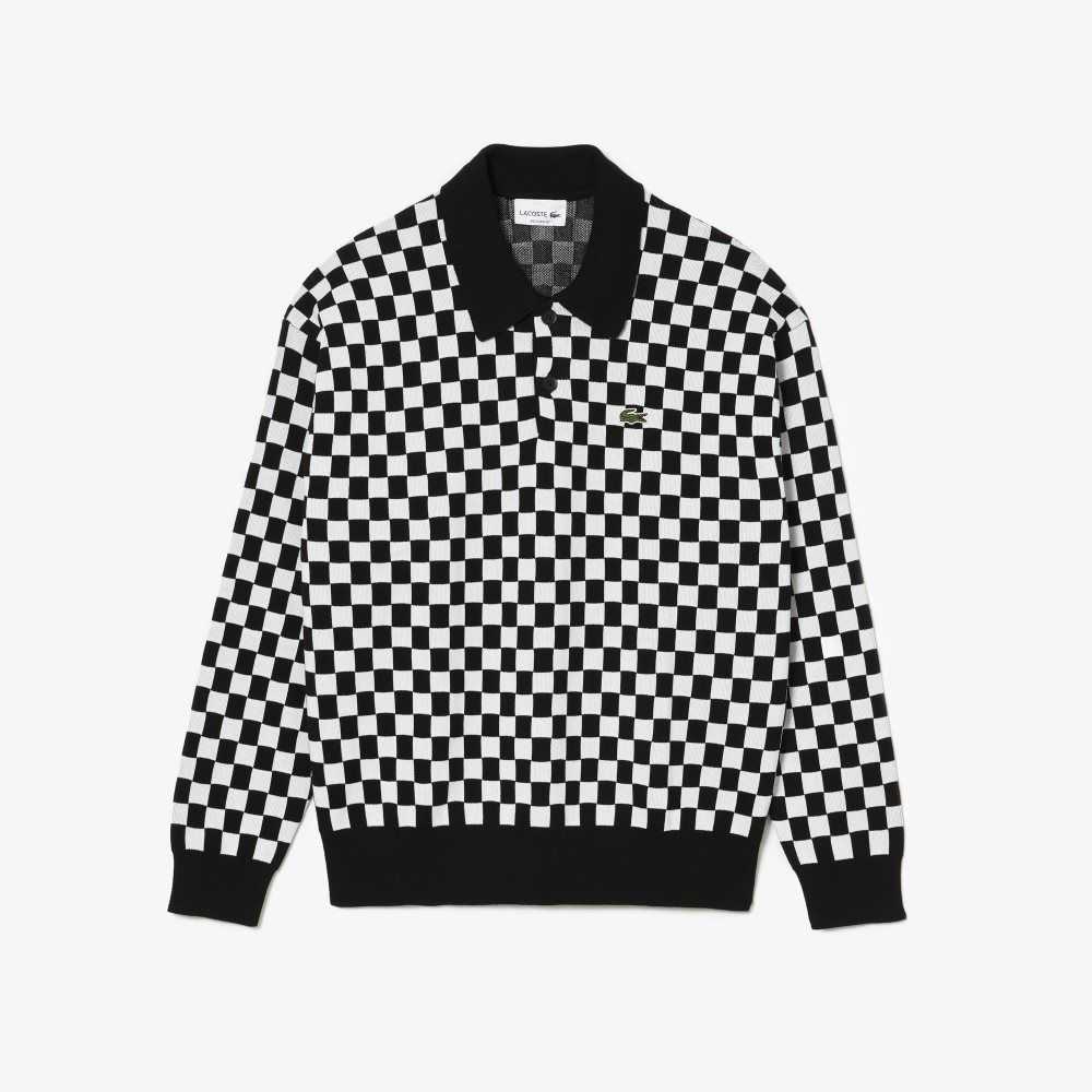 Black / White Lacoste Heritage Relaxed Fit Checkerboard Sweater | OVKFZI-532