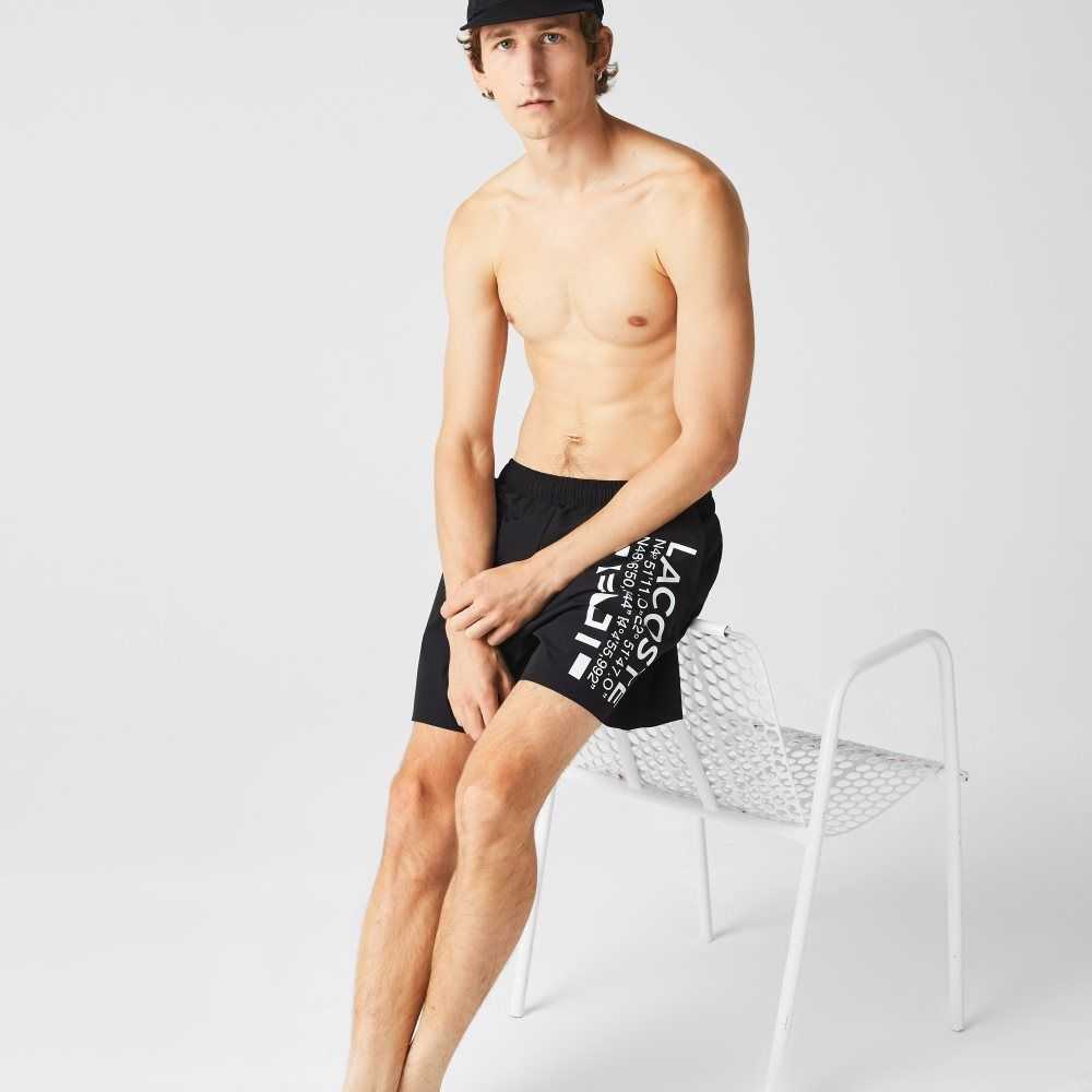 Black / White Lacoste Nautical Print Swim Shorts | PQSRWT-427