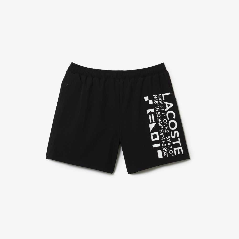 Black / White Lacoste Nautical Print Swim Shorts | PQSRWT-427