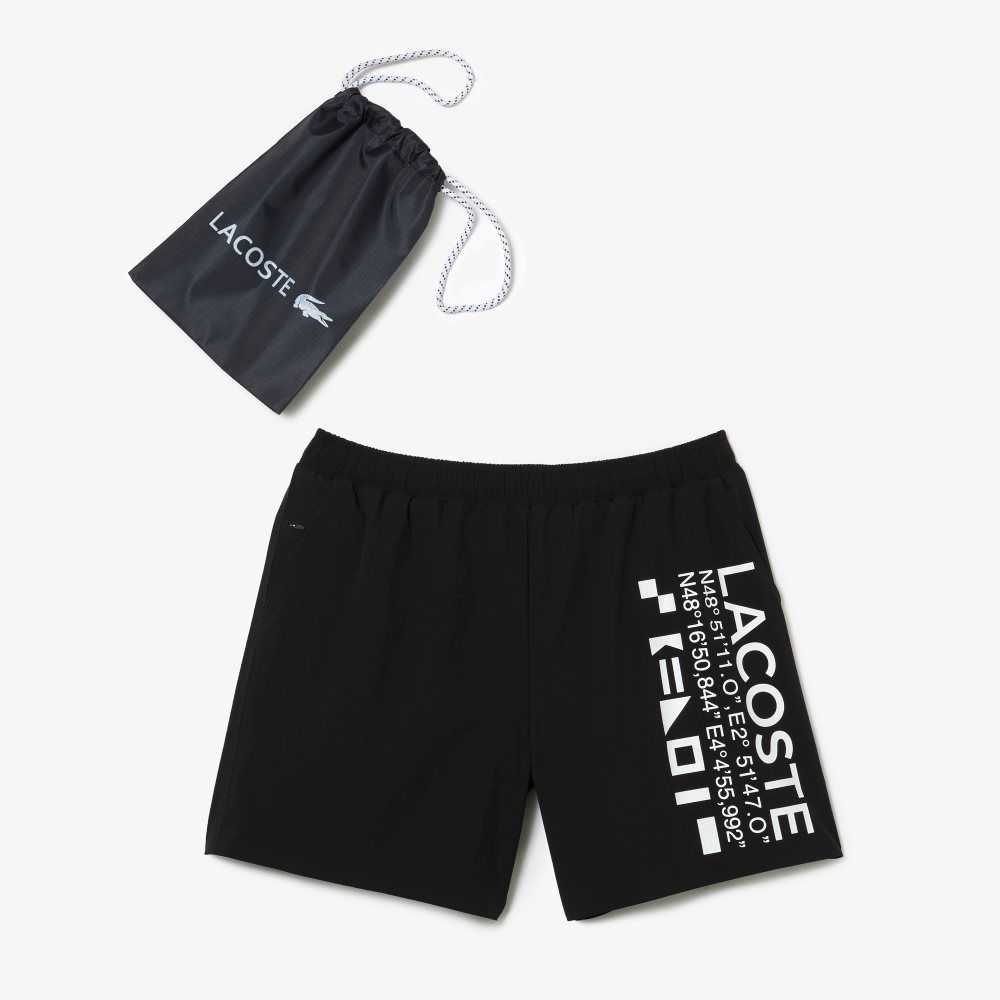 Black / White Lacoste Nautical Print Swim Shorts | PQSRWT-427