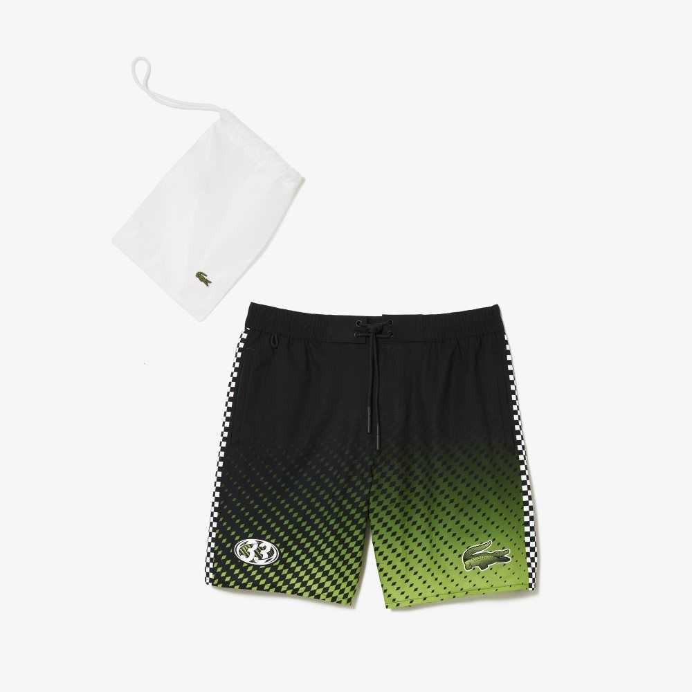 Black / Yellow Lacoste Two-Tone Checkerboard Print Swim Trunks | LUQNIG-203