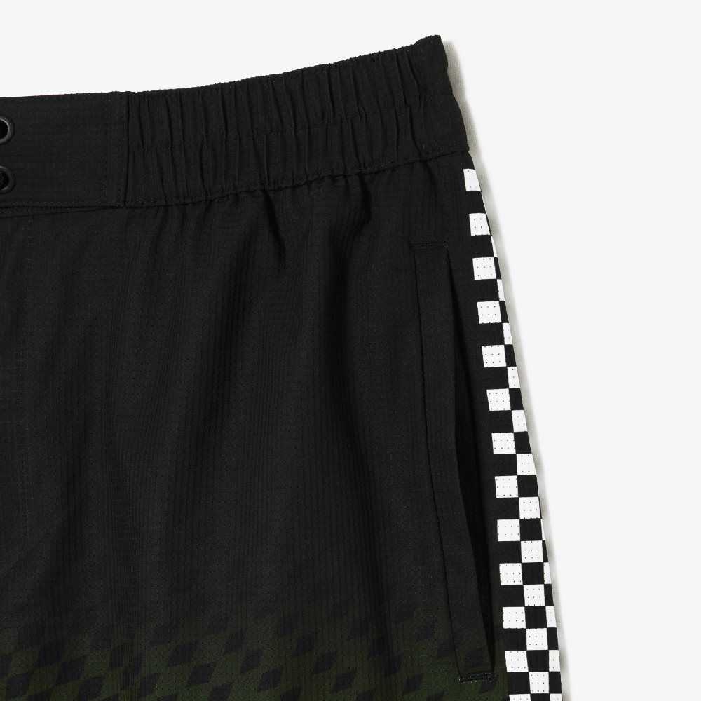 Black / Yellow Lacoste Two-Tone Checkerboard Print Swim Trunks | LUQNIG-203