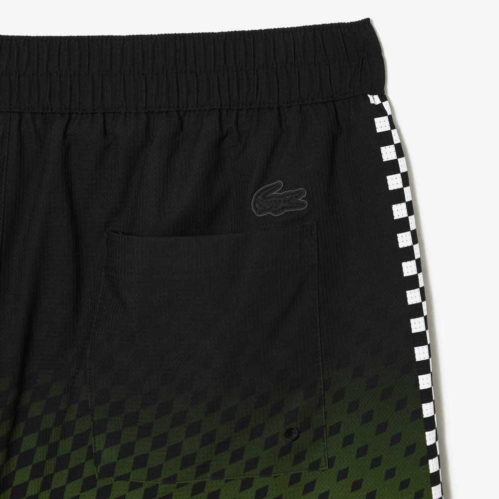 Black / Yellow Lacoste Two-Tone Checkerboard Print Swim Trunks | LUQNIG-203