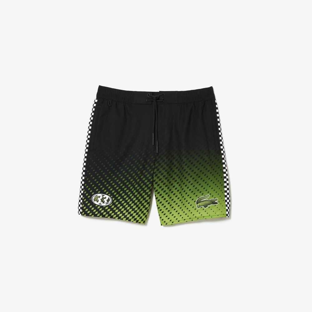 Black / Yellow Lacoste Two-Tone Checkerboard Print Swim Trunks | LUQNIG-203