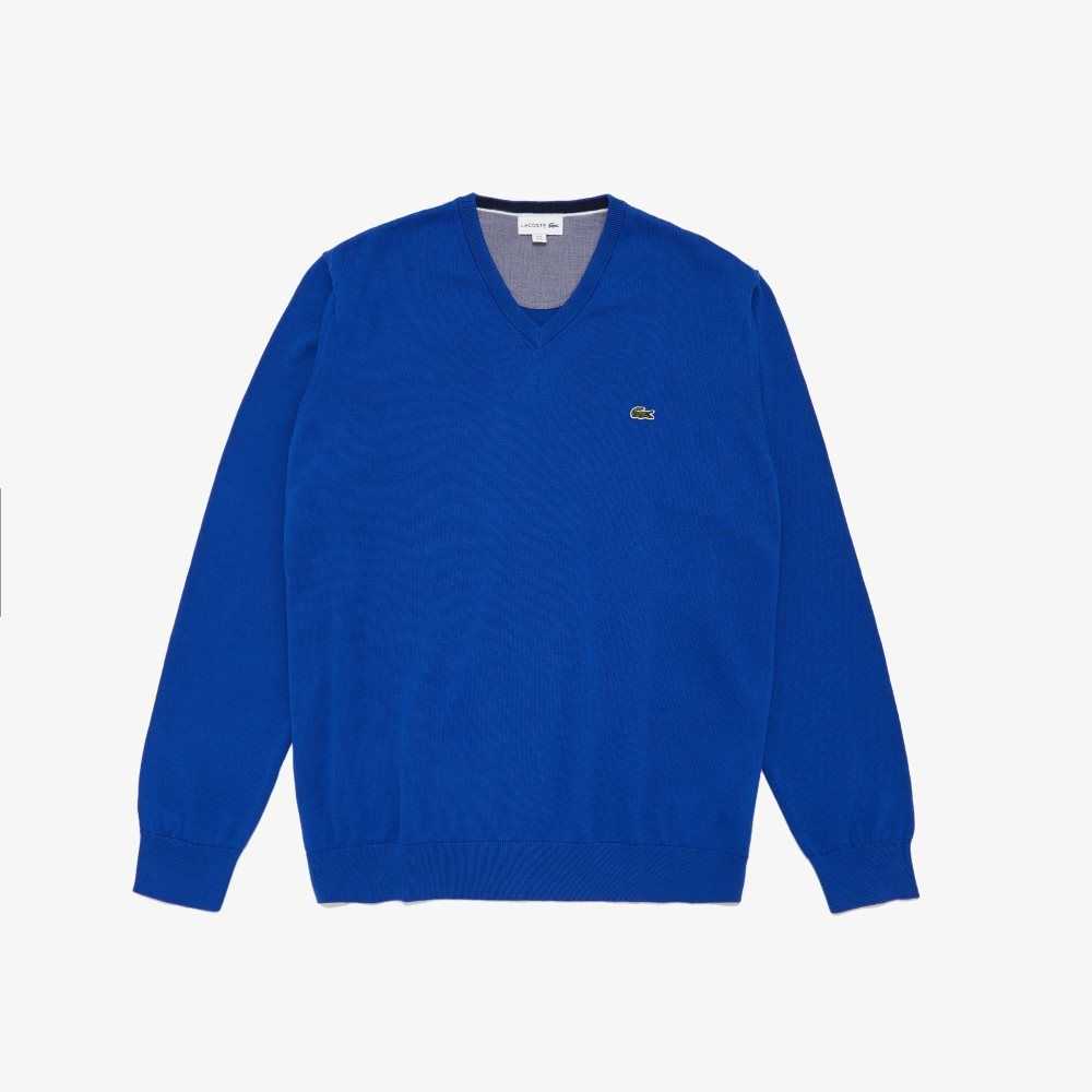 Bleu Marine Mouline Lacoste V-Neck Cotton Sweater | CPOHJS-647