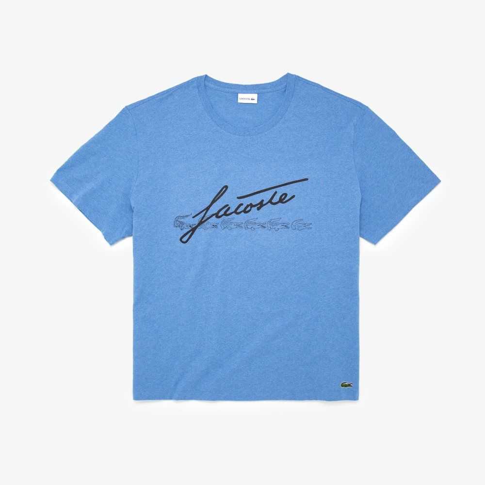 Blue Chine Lacoste Big Fit Signature Print T-Shirt | RFYDBZ-094