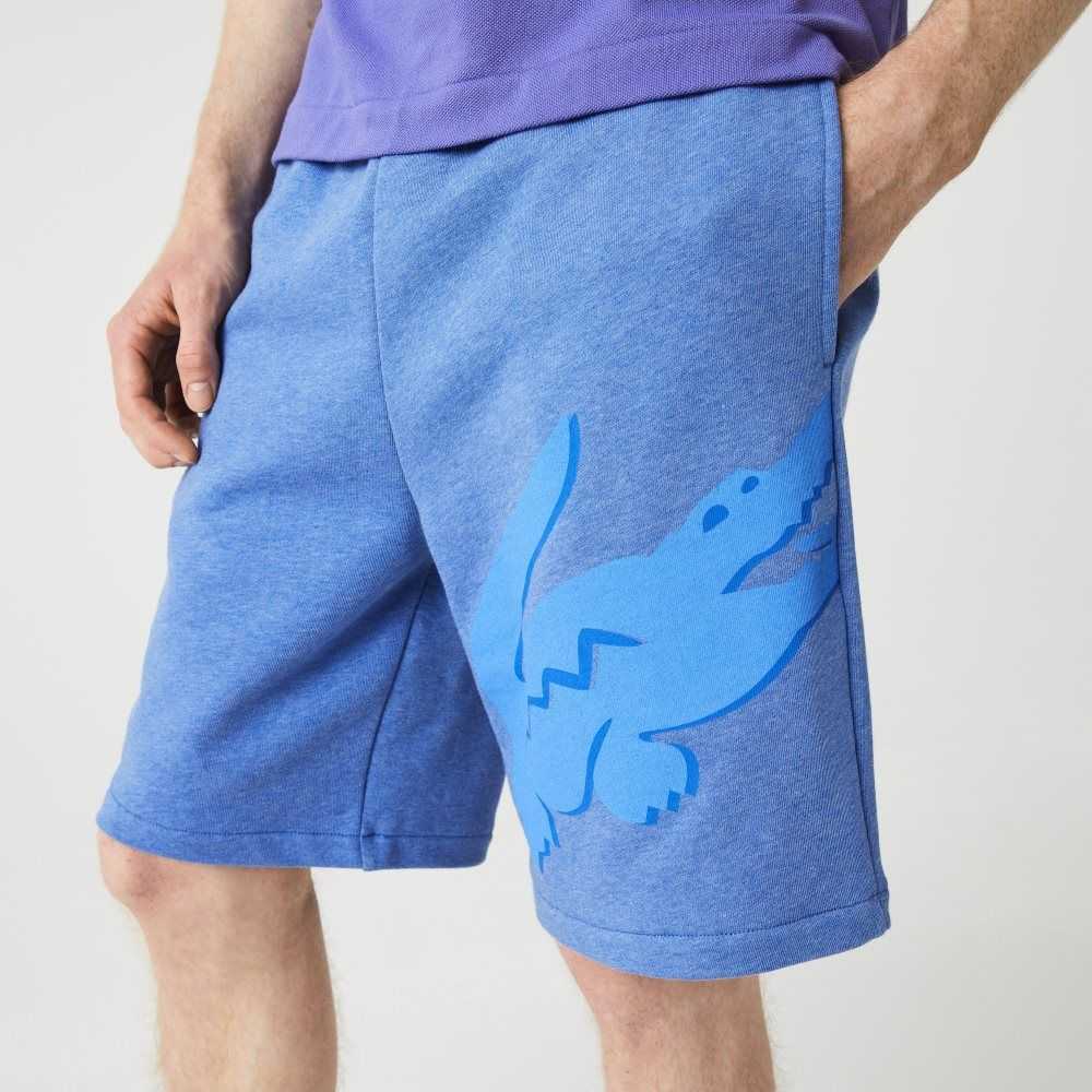 Blue Chine Lacoste Oversized Crocodile Print Organic Cotton Fleece Shorts | EJFZYV-862