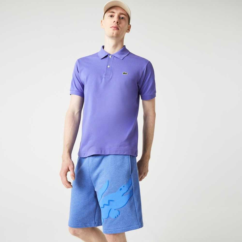 Blue Chine Lacoste Oversized Crocodile Print Organic Cotton Fleece Shorts | EJFZYV-862