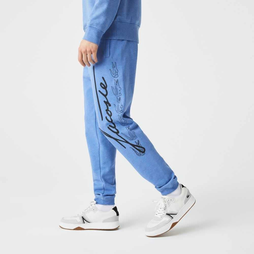 Blue Chine Lacoste Signature And Crocodile Print Cotton Fleece Jogging Pants | OLJDTW-495