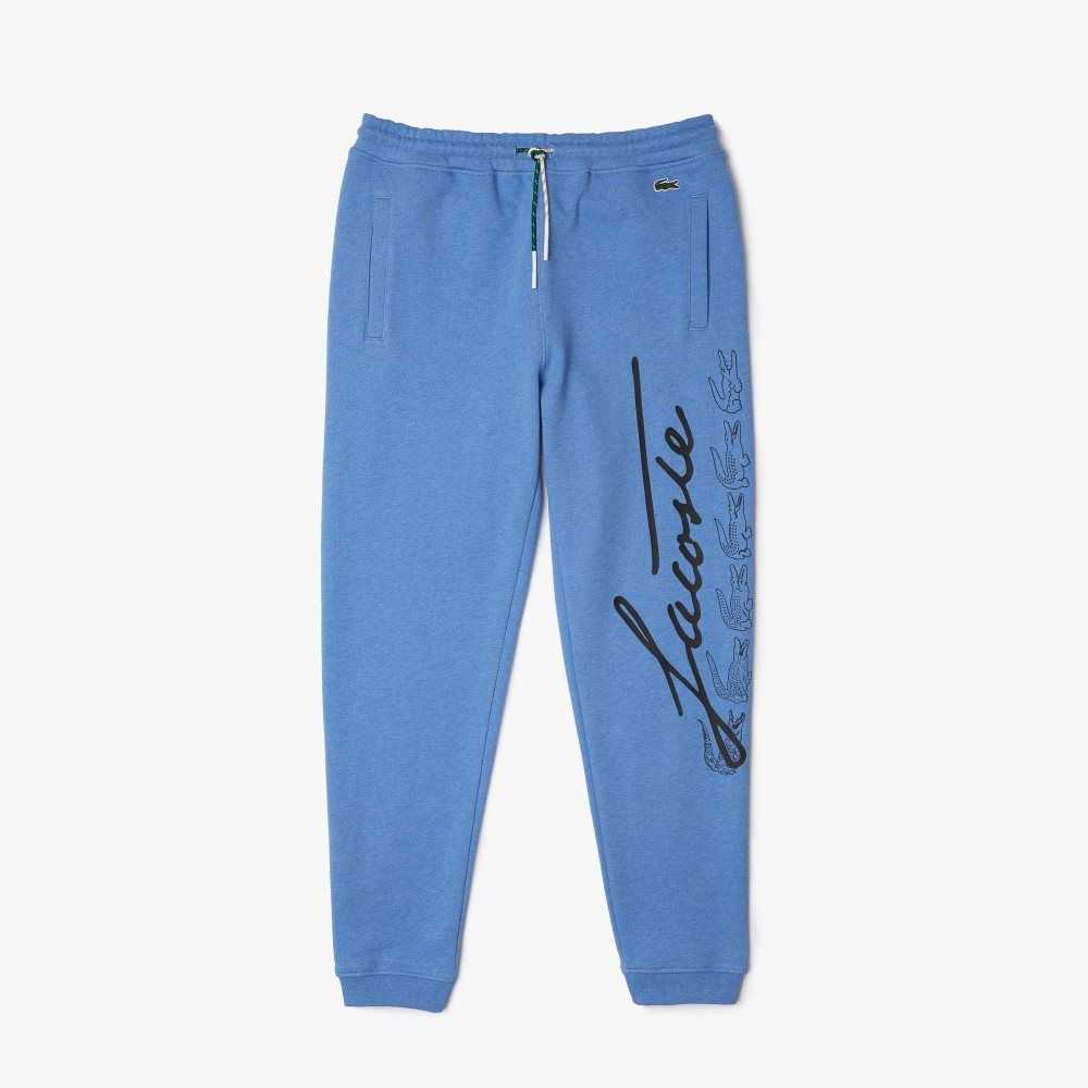 Blue Chine Lacoste Signature And Crocodile Print Cotton Fleece Jogging Pants | OLJDTW-495