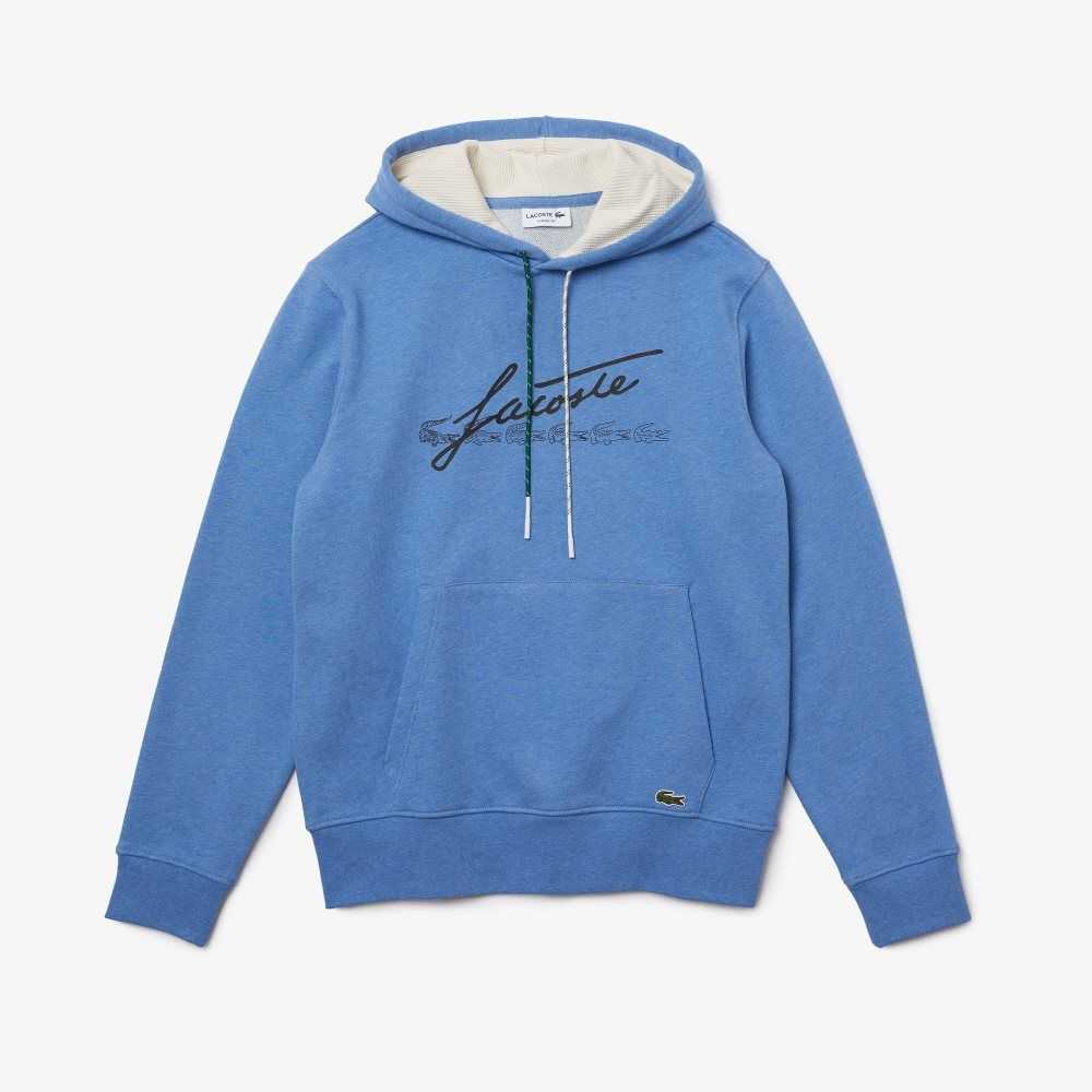 Blue Chine Lacoste Signature Flecked Cotton Fleece Hoodie | RUBEAX-710