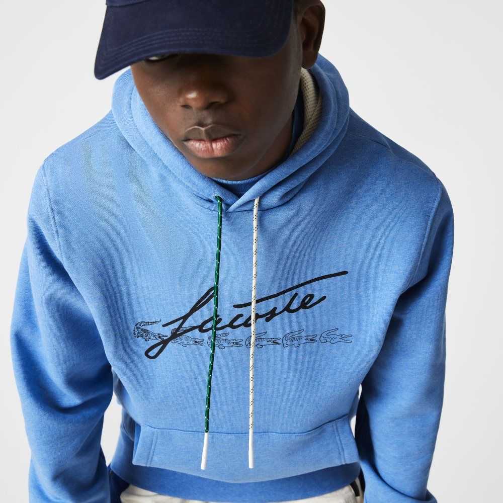 Blue Chine Lacoste Signature Flecked Cotton Fleece Hoodie | RUBEAX-710