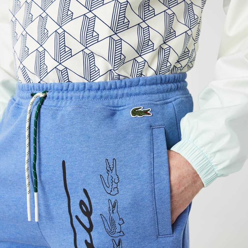 Blue Chine Lacoste Signature Print Cotton Fleece Shorts | VXKROQ-148