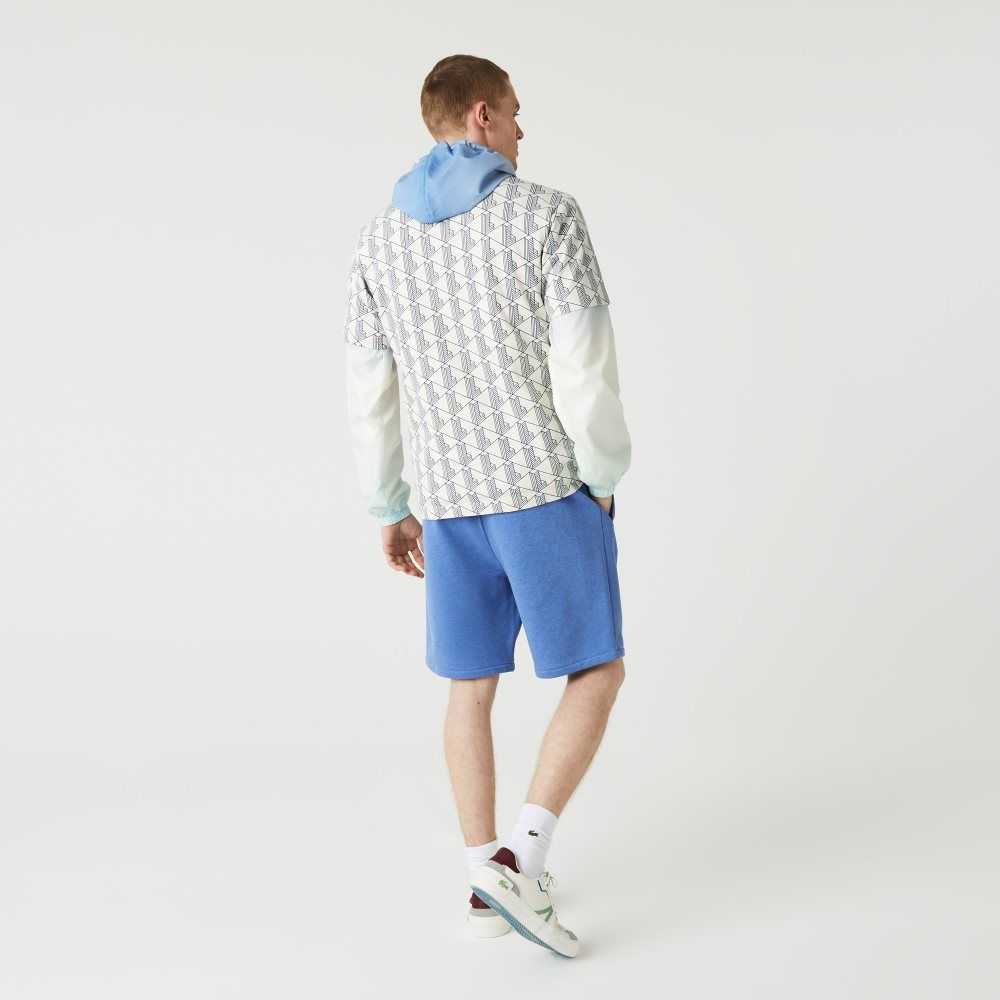 Blue Chine Lacoste Signature Print Cotton Fleece Shorts | VXKROQ-148