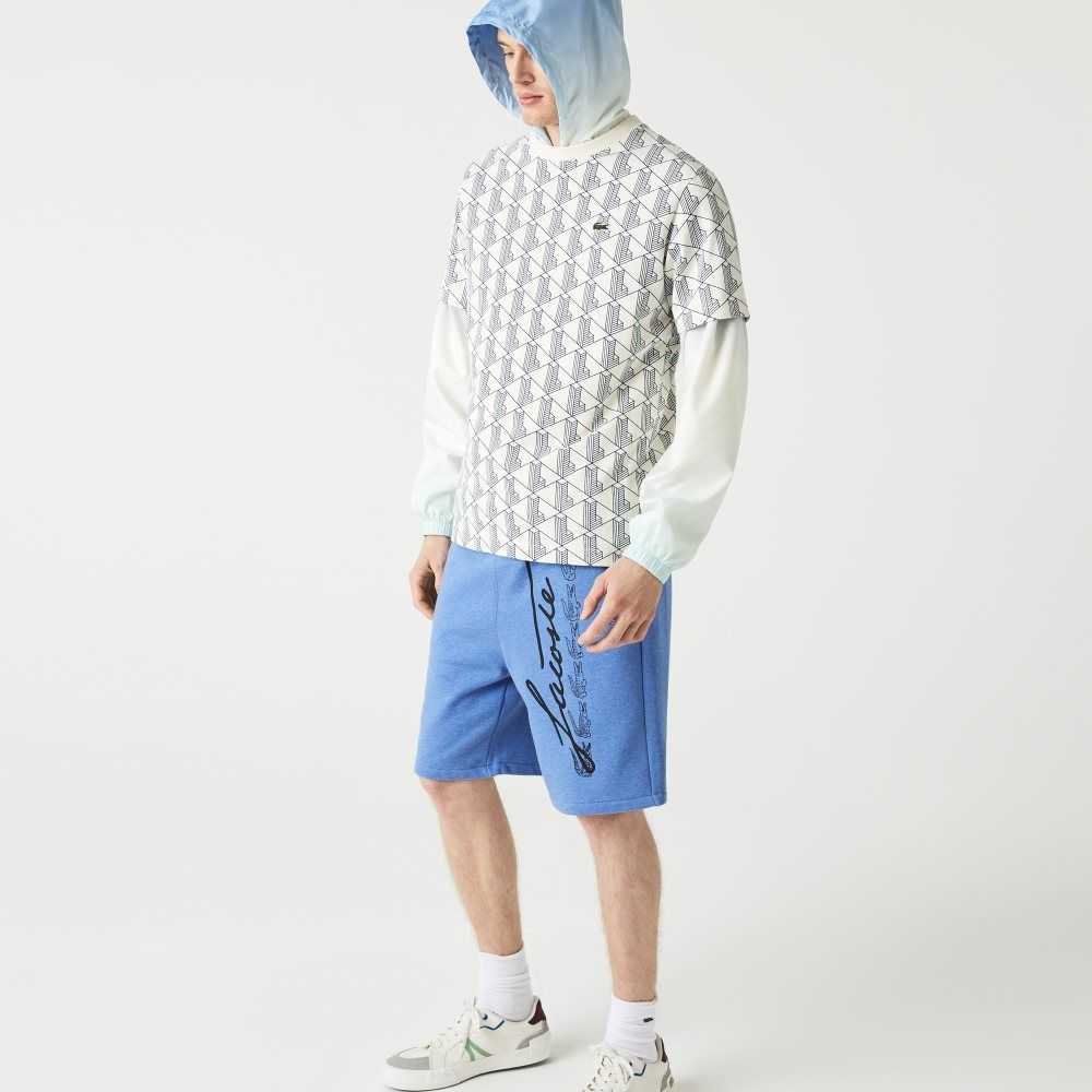 Blue Chine Lacoste Signature Print Cotton Fleece Shorts | VXKROQ-148