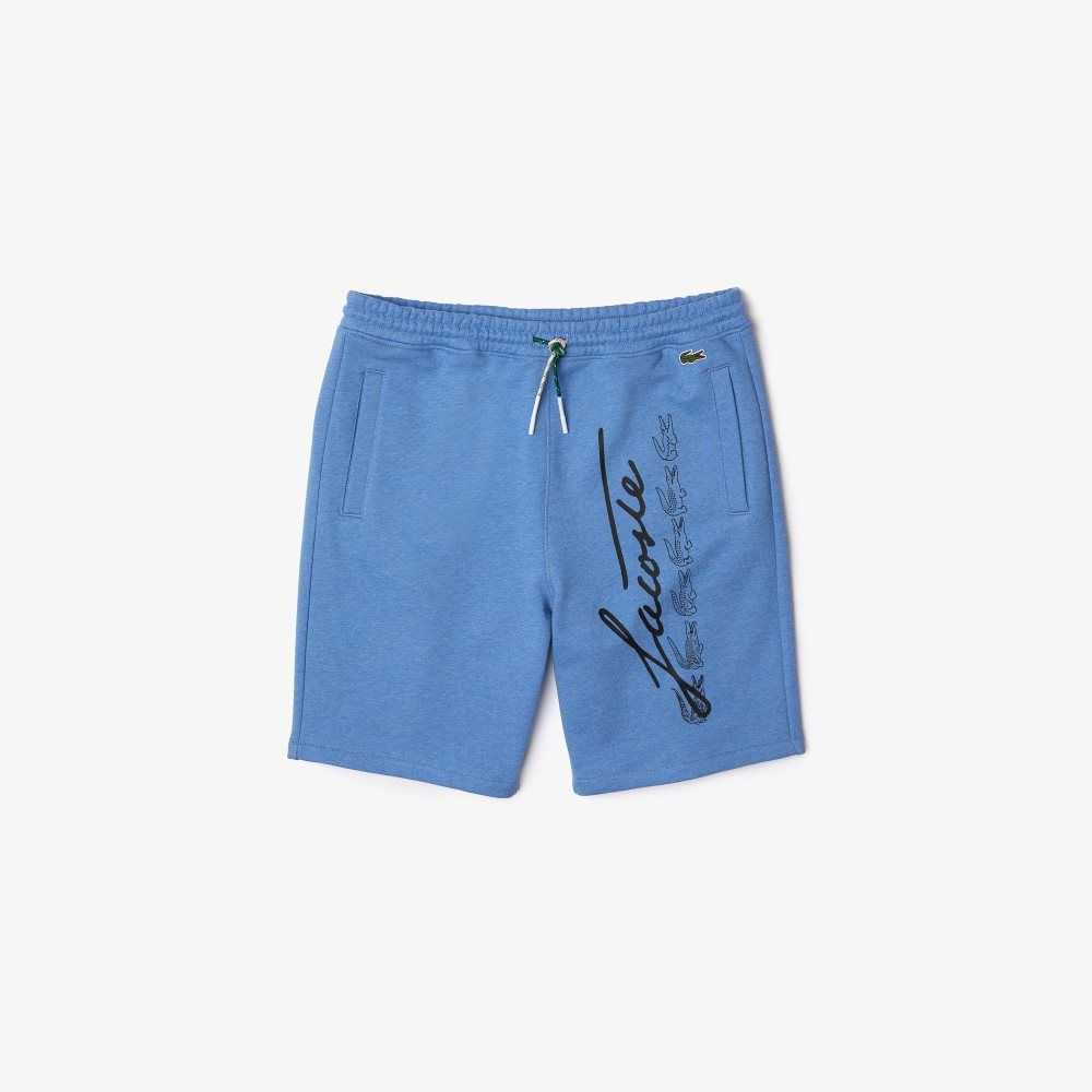 Blue Chine Lacoste Signature Print Cotton Fleece Shorts | VXKROQ-148