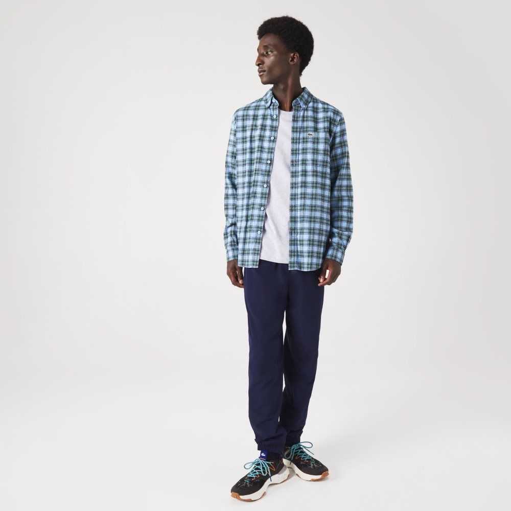 Blue / Green / Navy Blue Lacoste Regular Fit Check Print Flannel Shirt | TJNWKS-873